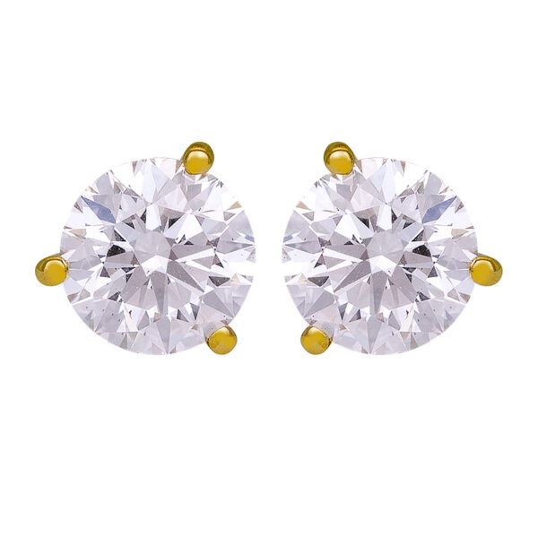 yellow gold 3 prong stud earrings set with round brilliant diamonds