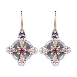 sterling silver and yellow gold cross drop earrings set with rubies and small pearls