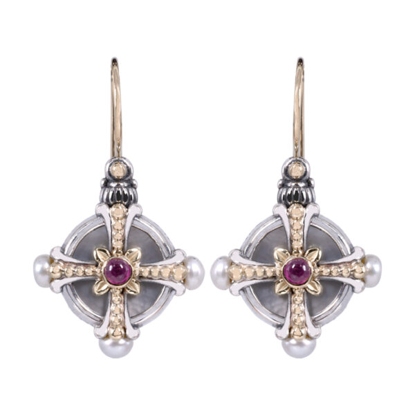 sterling silver and yellow gold cross drop earrings set with rubies and small pearls