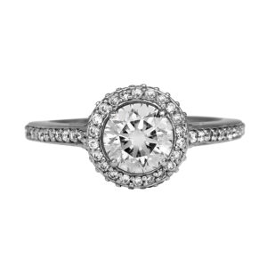 white gold halo engagement ring centered with a round brilliant diamond surrounded by a halo, diamond cathedral, and diamonds in the band