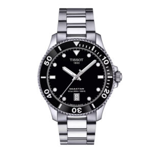 stainless steel Tissot watch with a black dial and black bezel