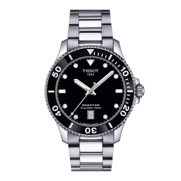 stainless steel Tissot watch with a black dial and black bezel
