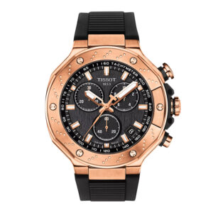 tissot watch with rose gold PVD with black dial and black rubber strap