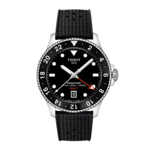 stainless steel tissot watch with a black dial and black rubber strap