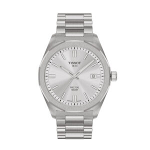 stainless steel Tissot watch with a silver dial