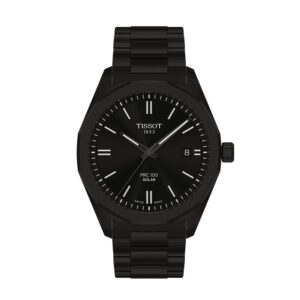 black watch with a black dial with white markers