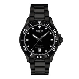 black watch with a black dial, white markers, and black metal strap