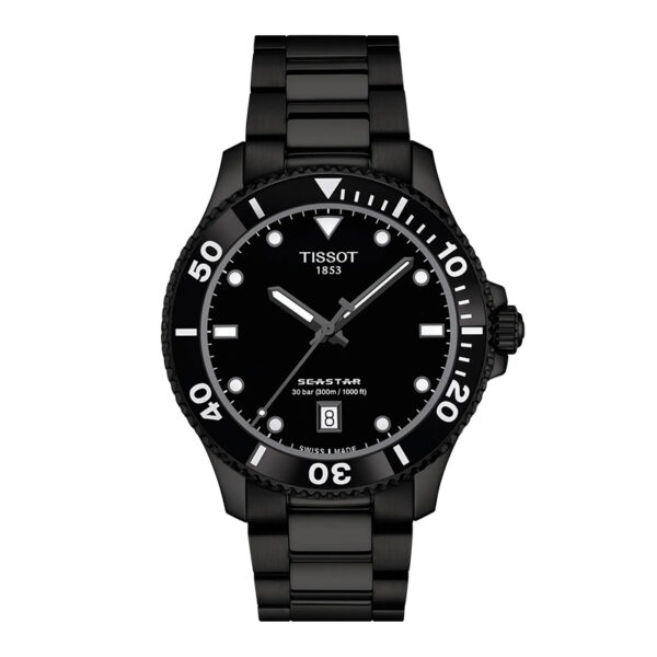 black watch with a black dial, white markers, and black metal strap