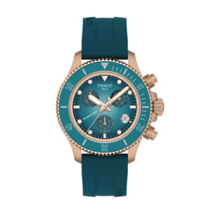 stainless steel gold PVD watch with turquoise dial, bezel, and rubber strap