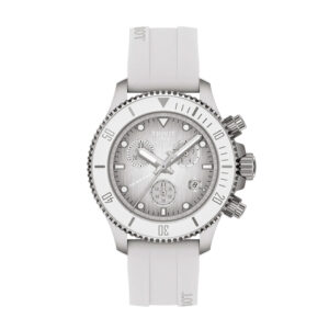 stainless steel watch with white dial, white bezel, and white rubber strap