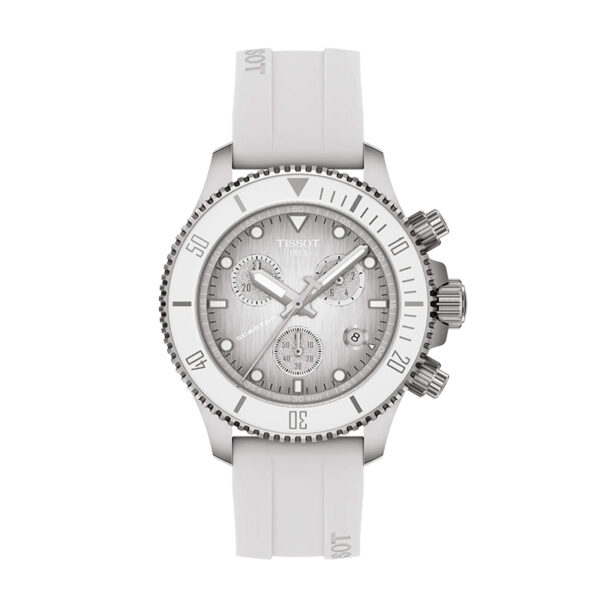 stainless steel watch with white dial, white bezel, and white rubber strap