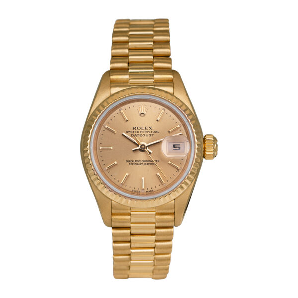 yellow gold Rolex watch with a champagne dial and President bracelet