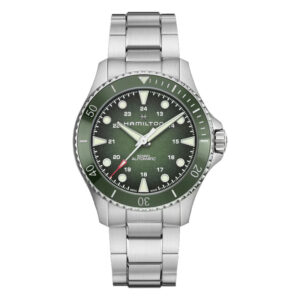 stainless steel watch with a green dial and green bezel