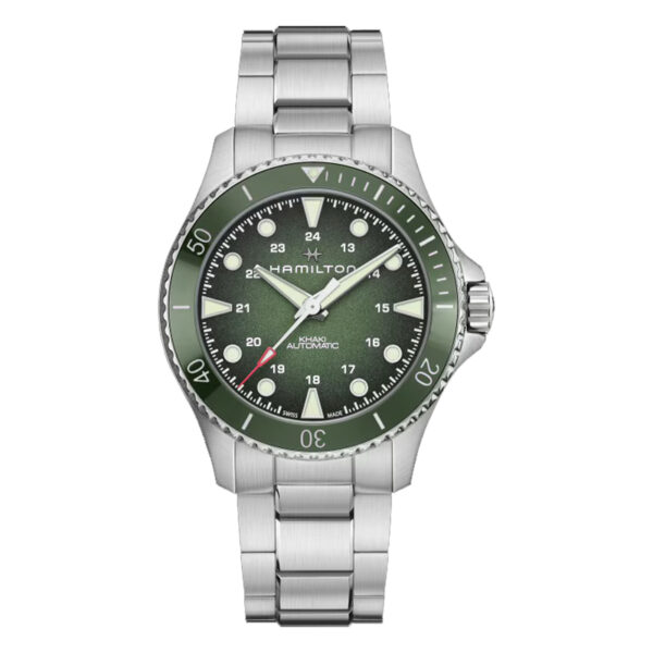 stainless steel watch with a green dial and green bezel