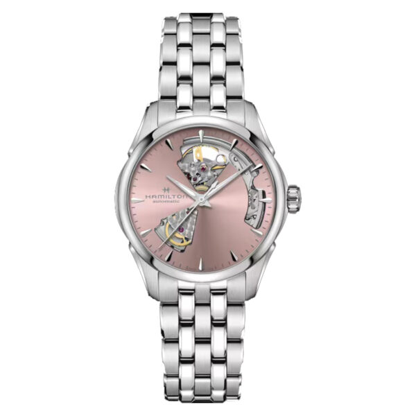 stainless steel watch with a pink skeleton dial