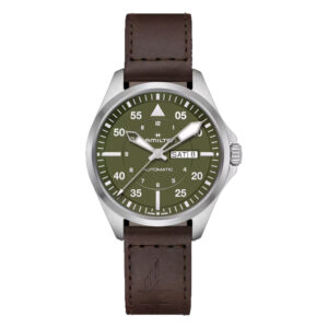 stainless steel watch with a green dial and brown leather strap