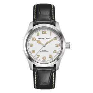 stainless steel watch with a white dial and black leather strap