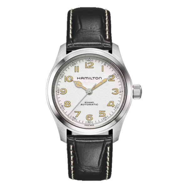 stainless steel watch with a white dial and black leather strap