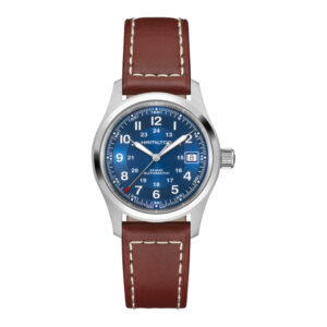 stainless steel watch with a blue dial and brown strap