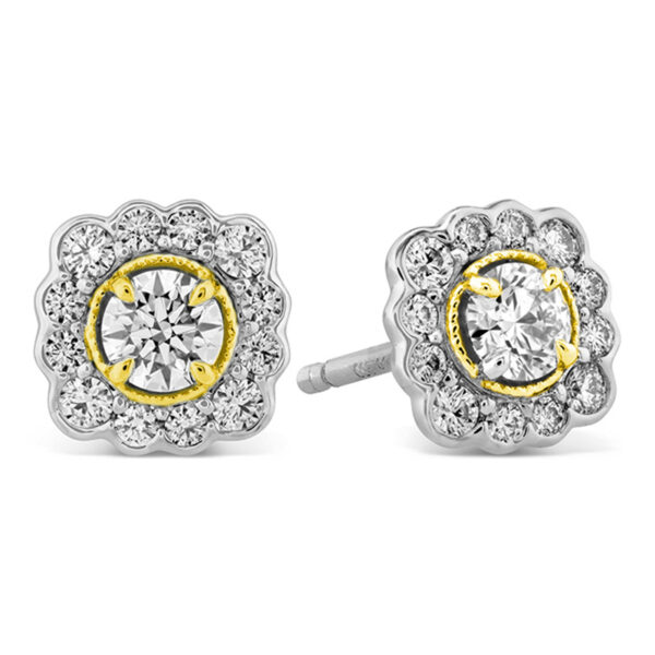 yellow and white gold flower earrings set with round brilliant diamonds