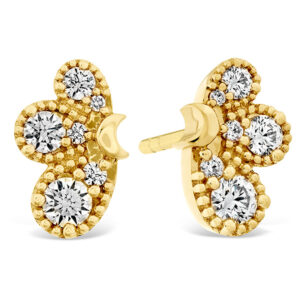 yellow gold wing motif stud earrings set with round diamonds and milgrain texture