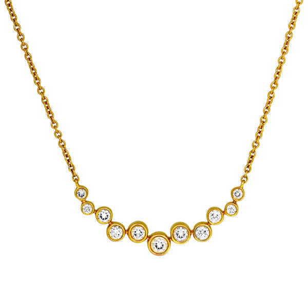 yellow gold bezel set curved pendant set with round brilliant diamonds