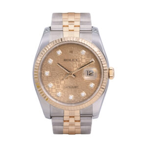 yellow gold and stainless steel Rolex with a champagne colored dial with diamonds