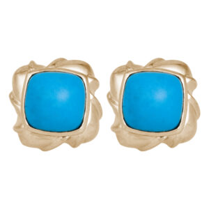 yellow gold stud earrings set with cabochon cushion turquoise