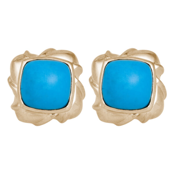 yellow gold stud earrings set with cabochon cushion turquoise