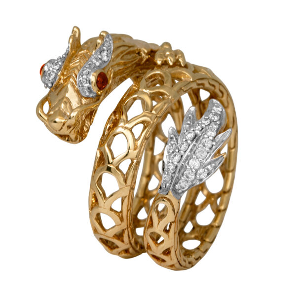 yellow and white gold dragon ring with diamonds on the face and tail and rubies as the eyes.