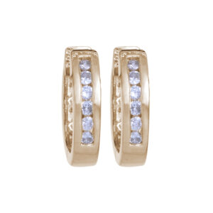 yellow gold huggie hoop earrings set with small channel set diamonds