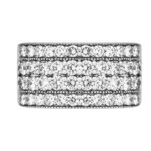 white gold wide band set with four rows of white diamonds and one black diamond