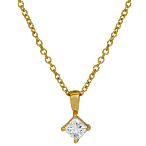 yellow gold solitaire pendant set with a princess cut diamond