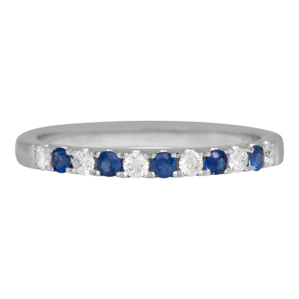 white gold alternating band set with round blue sapphires and round white diamonds