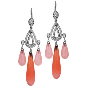 white gold chandelier earrings set with rose quartz briolettes and round brilliant diamonds