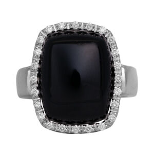 white gold halo ring wish a cushion cabochon black onyx surrounded by a diamond halo