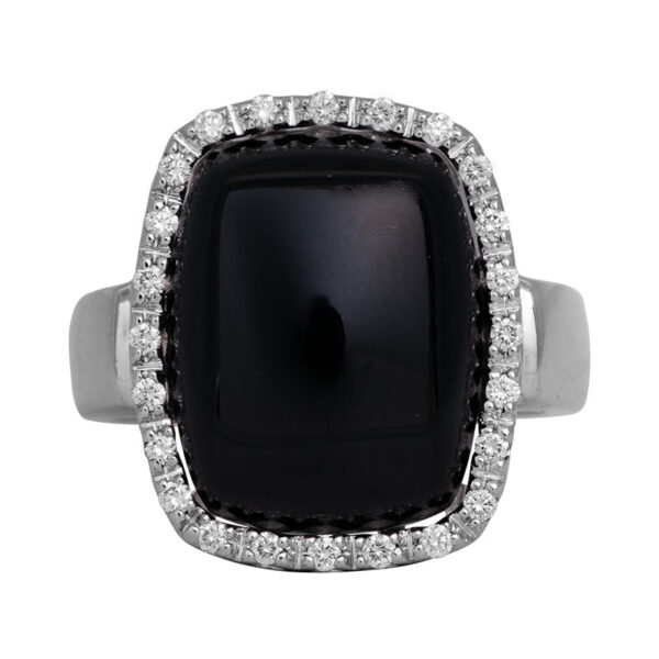 white gold halo ring wish a cushion cabochon black onyx surrounded by a diamond halo