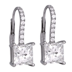 white gold dangle earrings with princess and round brilliant diamonds