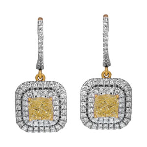 white gold drop earrings set with cushion yellow diamonds surrounded by white diamond double haloes