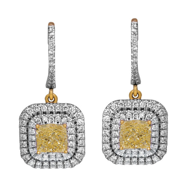 white gold drop earrings set with cushion yellow diamonds surrounded by white diamond double haloes