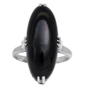 vintage platinum ring set with an elongated oval cabochon onyx