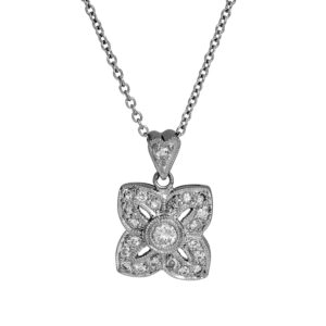 white gold flower pendant set with round brilliant diamonds