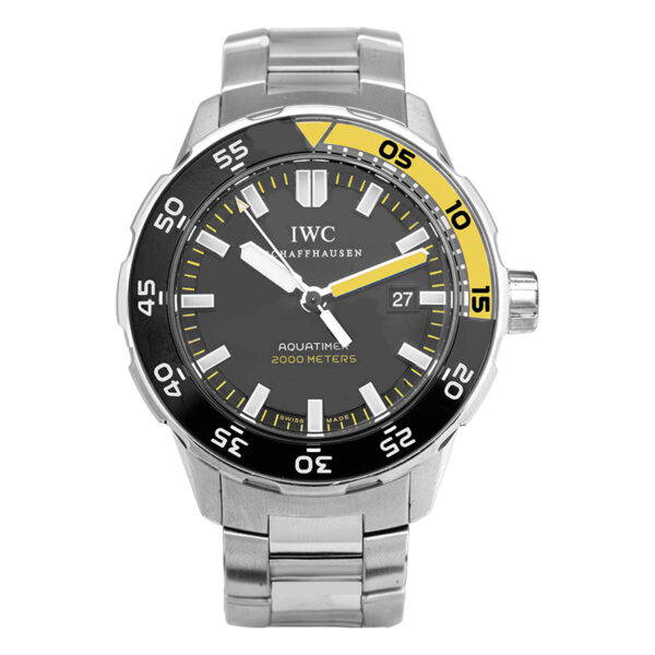 iwc watch in stainless steel with a blue dial, black and yellow rotating bezel, and white index markers