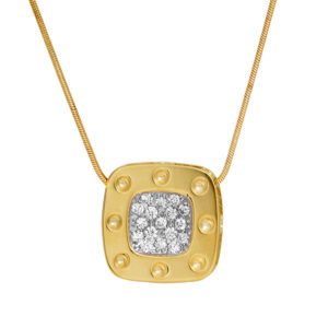 yellow gold rounded square pendant set with round brilliant diamonds in the center
