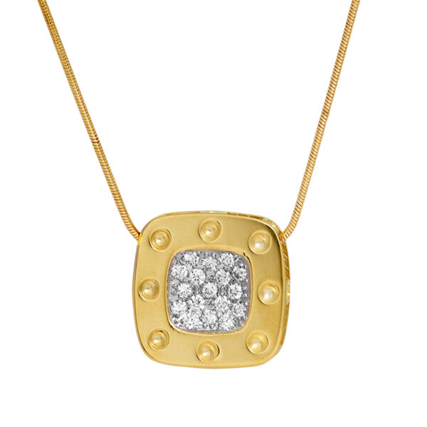 yellow gold rounded square pendant set with round brilliant diamonds in the center