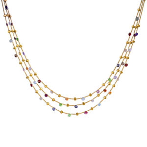 yellow gold multicolor gemstone 3-row bead necklace