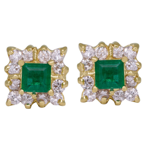 yellow gold earrings set with square emeralds surrounded by round brilliant diamonds
