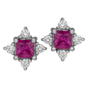 white gold earrings set with square rubies and four round diamonds on each