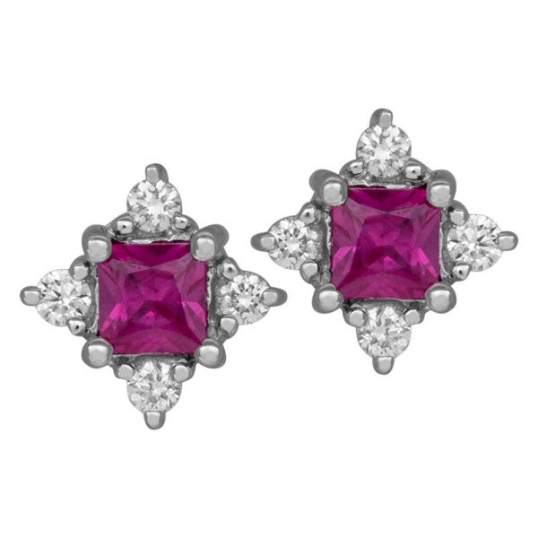 white gold earrings set with square rubies and four round diamonds on each