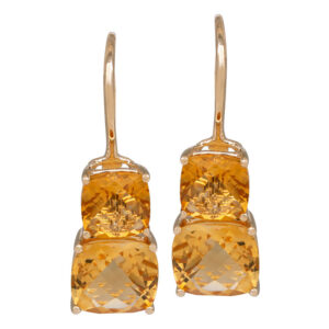 yellow gold drop earrings set with cushion cut citrine